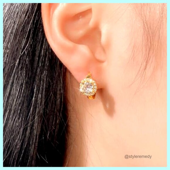 14K Gold Plated Cubic Zirconia Huggie Hoop Earrings, Dainty Halo Design - Picture 2 of 7
